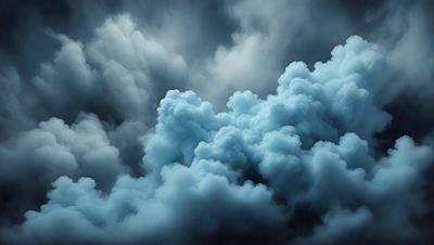 The primary subject of the image is a cloudy sky with dark clouds and a blue hue. The setting is an outdoor environment, possibly during a stormy day. The visual style is a photo, capturing the beauty of the cloudy sky. The colors and mood of the image are dark and moody, with the blue hue contrasting against the dark clouds.
