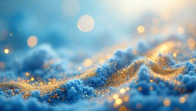 The primary subject of the image is a blue and gold swirl pattern, which appears to be a digital art or illustration. The setting is a blue background, and the visual style is a mix of digital art and photography. The colors and mood of the image are predominantly blue and gold, creating a sense of depth and visual interest.