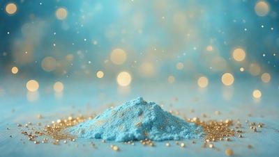 The primary subject of the image is a blue powder, which appears to be a powdered substance or a blue-colored material. The setting is a blue background, which creates a contrasting and visually appealing environment. The visual style of the image is a close-up of the blue powder, showcasing its texture and color. The colors and mood of the image are predominantly blue, giving it a calm and serene atmosphere.
