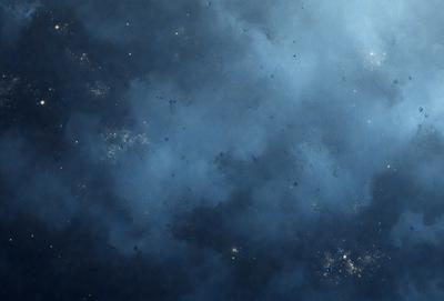 The primary subject of the image is a blue sky filled with stars. The setting is a dark, cloudy night sky, creating a dramatic and moody atmosphere. The visual style is a combination of a photo and digital art, as the image appears to be a blend of the two. The colors and mood are predominantly dark and dramatic, with the blue sky and stars creating a sense of depth and mystery.