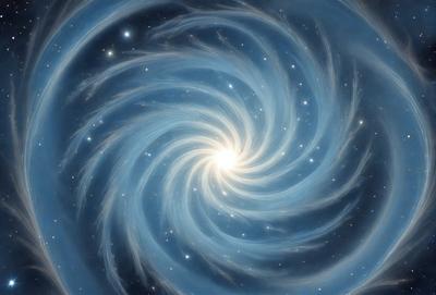 The primary subject of the image is a spiral-shaped object, possibly a galaxy or a nebula, with a blue hue. The setting is a dark, star-filled sky, and the visual style appears to be a digital art or illustration. The colors and mood of the image are predominantly dark and mysterious, with the blue spiral drawing attention as the main focal point.
