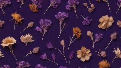 The primary subject of the image is a collection of dried flowers, which are displayed in various positions and orientations. The flowers are arranged on a purple background, creating a visually appealing and artistic composition. The setting appears to be a still life arrangement, showcasing the beauty of the dried flowers. The visual style of the image is a combination of photo and digital art, as it captures the intricate details of the flowers while maintaining a sense of artistic expression. The colors and mood of the image