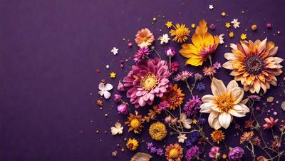 The primary subject of the image is a close-up of a bouquet of flowers, showcasing their vibrant colors and intricate details. The flowers are arranged in a visually appealing manner, creating a sense of beauty and freshness. The setting is a purple background, which adds a touch of elegance and sophistication to the scene. The visual style of the image is a combination of photo and digital art, resulting in a high-quality, detailed representation of the flowers. The colors and mood of