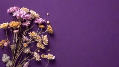 The primary subject of the image is a bouquet of flowers, predominantly white and purple, arranged in a vase. The flowers are placed on a purple background, which adds a touch of elegance to the scene. The visual style of the image is a close-up of the flowers, showcasing their details and beauty. The colors and mood of the image are predominantly calm and serene, with the white and purple flowers creating a sense of tranquility and natural beauty.