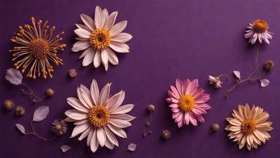 The primary subject of the image is a close-up of three white flowers with yellow centers, placed on a purple background. The flowers are arranged in a visually appealing manner, creating a sense of harmony and beauty. The setting is a simple, yet elegant, display of the flowers against the purple surface. The visual style of the image is a close-up, which emphasizes the details of the flowers and their vibrant colors. The overall atmosphere of the image is serene and calming, with the combination