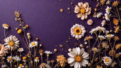 The primary subject of the image is a close-up of a flower arrangement, featuring a variety of flowers such as daisies and sunflowers. The setting is a purple background, which adds a contrasting color to the flowers. The visual style appears to be a combination of a photo and digital art, creating a unique and artistic representation of the flower arrangement. The colors and mood of the image are predominantly warm and vibrant, with the flowers being the main focus and source of visual interest.