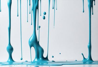 The primary subject of the image is a blue liquid, possibly a paint or a dye, dripping down a white surface. The setting appears to be a white wall, and the visual style is a close-up of the dripping liquid. The colors and mood of the image are predominantly blue, creating a calm and serene atmosphere.