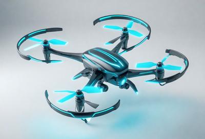 The primary subject of the image is a futuristic-looking drone with blue and green lights. The drone is positioned on a white surface, which serves as the background. The visual style of the image is digital art, as it appears to be a computer-generated or digitally rendered object. The colors and mood of the image are predominantly blue and green, giving it a futuristic and technological feel.