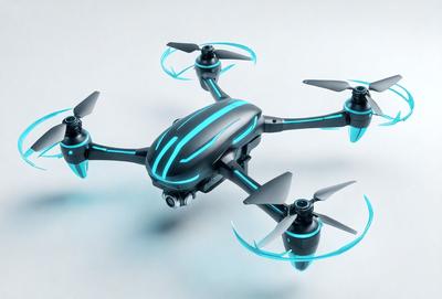 The primary subject of the image is a futuristic-looking drone with blue and green lights. The drone is positioned on a white surface, which serves as the setting or background. The visual style of the image is digital art, as it appears to be a computer-generated or digitally rendered object. The colors and mood of the image are predominantly blue and green, giving it a futuristic and technological appearance.