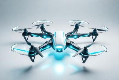 The primary subject of the image is a futuristic-looking drone with blue and white colors. The drone is positioned in the center of the image, and its design gives it a sleek and modern appearance. The setting is a white background, which provides a clean and minimalist look to the drone's presentation. The visual style of the image is a combination of photo and digital art, creating a unique and eye-catching composition. The colors and mood of the image are predominantly blue and white,