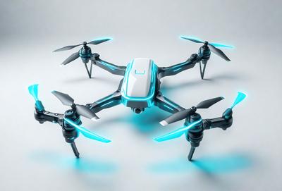 The primary subject of the image is a white and blue drone with green accents. The drone is positioned on a white surface, which serves as the background. The visual style of the image is digital art, as it appears to be a computer-generated or digitally rendered image. The colors and mood of the image are vibrant and energetic, with the white and blue drone standing out against the white background.