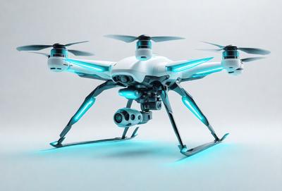 The primary subject of the image is a white and blue drone, which is a type of unmanned aerial vehicle (UAV). The drone is standing on a white surface, which could be a table or a floor. The visual style of the image is digital art, as it is a computer-generated representation of the drone. The colors and mood of the image are predominantly blue and white, giving it a clean and modern appearance.