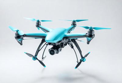 The primary subject of the image is a blue and black drone, which is the main object, scene, or focus of the image. The drone is positioned on a white surface, which serves as the setting or background. The visual style of the image is a photo, capturing the drone in its natural environment. The colors and mood of the image are predominantly blue and black, creating a sense of modernity and sophistication.
