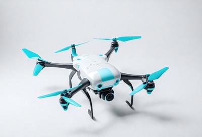 The primary subject of the image is a blue and white drone, which is the main object in the scene. The drone is sitting on a white surface, which serves as the background. The visual style of the image is a photo, capturing the drone in detail. The dominant colors in the image are blue and white, creating a calm and professional atmosphere.