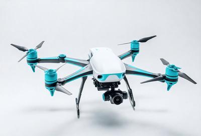 The primary subject of the image is a white and blue drone, which is the main object, scene, or focus of the image. The drone is set against a white background, giving it a clean and modern appearance. The visual style of the image is a photo, capturing the drone in detail. The colors and mood of the image are predominantly white and blue, creating a calm and professional atmosphere.