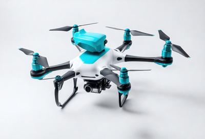 The primary subject of the image is a small, colorful drone with blue and white colors. The drone is sitting on a white surface, which could be a table or a counter. The visual style of the image is a close-up of the drone, showcasing its details and colors. The overall atmosphere of the image is bright and cheerful, with the vibrant colors of the drone standing out against the white background.