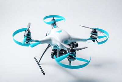 The primary subject of the image is a white and blue toy drone, which is a model of a helicopter. The drone is placed on a white surface, which serves as the background. The visual style of the image is a close-up of the drone, showcasing its details. The colors and mood of the image are predominantly white and blue, giving it a clean and modern appearance.