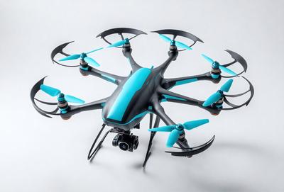 The primary subject of the image is a blue and black drone, which is a type of unmanned aerial vehicle (UAV). The drone is positioned in the center of the image, and it appears to be a futuristic design. The setting is a white background, which provides a clean and minimalist appearance to the drone. The visual style of the image is a combination of photo and digital art, creating a realistic yet artistic representation of the drone. The colors and mood of the image are