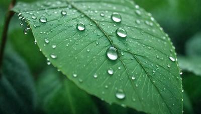 The primary subject of the image is a leaf with water droplets on it. The leaf is green and appears to be a part of a plant. The setting is outdoors, with the leaf being the main focus of the image. The visual style is a close-up of the leaf, capturing the details of the water droplets. The colors are predominantly green, and the overall atmosphere is serene and natural.