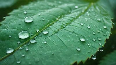 The primary subject of the image is a leaf with water droplets on it. The leaf is green and appears to be a part of a plant. The setting is outdoors, with the leaf being the main focus of the image. The visual style is a close-up of the leaf, capturing the details of the water droplets. The colors in the image are predominantly green, with the water droplets adding a touch of blue. The overall atmosphere of the image is serene and natural, showcasing