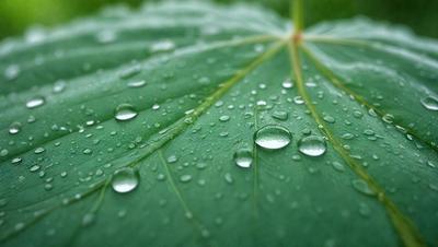 The primary subject of the image is a leaf with water droplets on it. The leaf is green and appears to be a part of a plant. The setting is outdoors, with the leaf being the main focus of the image. The visual style is a close-up of the leaf, showcasing the water droplets on its surface. The colors are predominantly green, and the overall atmosphere is serene and natural.
