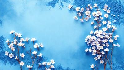 The primary subject of the image is a close-up of a flower, with a blue background. The visual style appears to be a photo, as it captures the details of the flower and its surroundings. The colors in the image are predominantly white and blue, creating a calm and serene atmosphere.