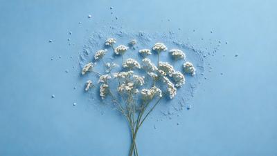 The primary subject of the image is a bouquet of white flowers, which are the main focus of the scene. The flowers are arranged in a vase, and they are placed on a blue surface, which serves as the background. The visual style of the image is a photo, capturing the beauty of the flowers in their natural setting. The colors and mood of the image are predominantly white and blue, creating a serene and calming atmosphere.