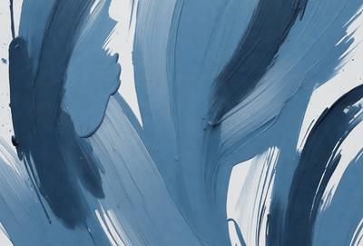 The primary subject of the image is a blue painting with a white background. The painting features a blue and white color scheme, creating a visually striking and calming atmosphere. The setting is a canvas, and the visual style appears to be a painting or drawing, rather than a photo or digital art. The colors and mood of the painting evoke a sense of tranquility and artistic expression.