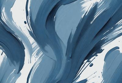The primary subject of the image is a blue and white painting, which features a swirling design. The setting is a white background, and the visual style appears to be a combination of digital art and illustration. The dominant colors in the painting are blue and white, creating a calm and serene atmosphere.