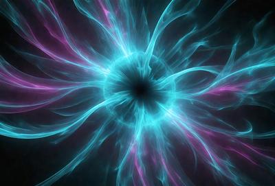 The primary subject of the image is a large, brightly colored, and swirling blue and purple nebula. The setting is a dark, starry background, which contrasts with the vibrant colors of the nebula. The visual style is a combination of a photo and digital art, creating a unique and captivating image. The dominant colors are blue and purple, giving the scene a sense of depth and beauty.