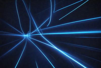 The primary subject of the image is a blue light tunnel, which appears to be a futuristic tunnel with a blue glow. The setting is a dark room, and the visual style is a digital art or illustration. The dominant colors are blue and black, creating a futuristic and mysterious atmosphere.