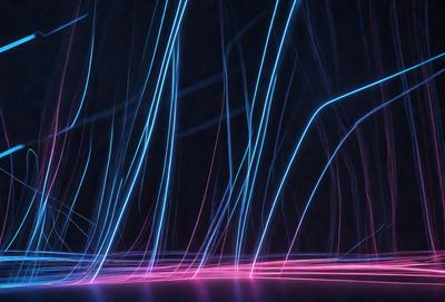 The primary subject of the image is a series of blue and pink light streaks, which create a visually striking and dynamic scene. The setting is a dark background, which contrasts with the bright colors of the light streaks. The visual style of the image is a combination of digital art and illustration, as the light streaks are digitally created and displayed. The colors and mood of the image are predominantly pink and blue, giving it a vibrant and lively atmosphere.
