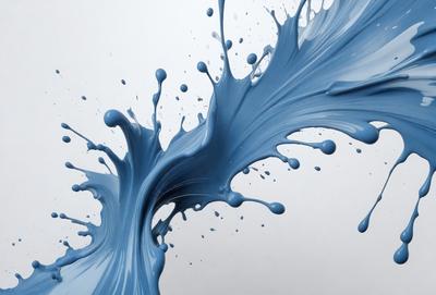 The primary subject of the image is a blue splash of paint, which appears to be a digital art or illustration. The setting is a white background, which provides a clean and minimalist appearance. The visual style is modern and artistic, with the blue splash being the focal point of the image. The colors and mood are predominantly blue, creating a sense of calmness and tranquility.
