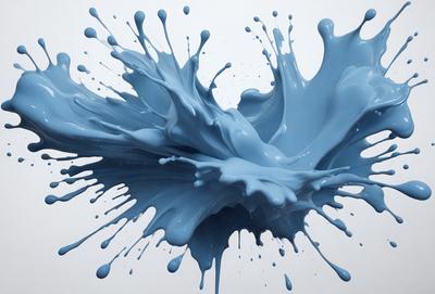 The primary subject of the image is a blue splash of paint, which appears to be a digital art or illustration. The setting is a white background, and the visual style is a close-up of the blue splash. The dominant colors are blue and white, creating a calm and serene atmosphere.
