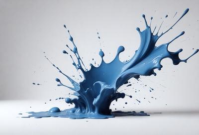 The primary subject of the image is a blue splash of paint, which appears to be a digital art or illustration. The setting is a white background, and the visual style gives the impression of a painting or drawing. The dominant colors are blue and white, creating a calm and serene atmosphere.