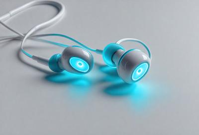 The primary subject of the image is a pair of blue and white headphones. The headphones are placed on a white surface, which serves as the setting or background. The visual style of the image is a digital art or illustration, as the headphones are depicted in a detailed and realistic manner. The dominant colors in the image are blue and white, creating a calm and soothing atmosphere.