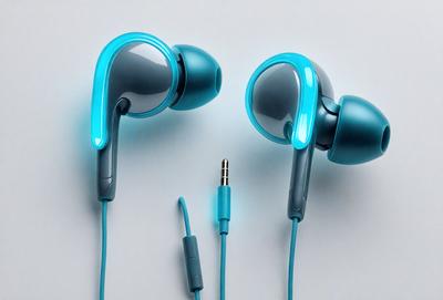 The primary subject of the image is a pair of blue headphones. The headphones are placed on a white surface, which serves as the background. The visual style of the image is a photo, capturing the details of the headphones and their surroundings. The colors and mood of the image are predominantly blue, creating a calm and relaxing atmosphere.