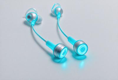 The primary subject of the image is a pair of blue earbuds. The earbuds are placed on a white surface, which serves as the setting or background. The visual style of the image is a close-up of the earbuds, showcasing their design and color. The dominant colors in the image are blue and white, creating a clean and modern atmosphere.
