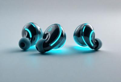 The primary subject of the image is a pair of blue and green earphones. The earphones are placed on a white surface, which serves as the setting or background. The visual style of the image is a photo, capturing the details of the earphones. The colors and mood of the image are predominantly blue and green, creating a sense of modernity and technology.