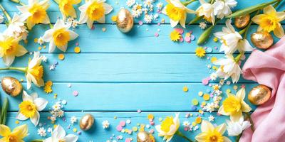 The primary subject of the image is a blue wooden surface with a variety of colorful flowers and eggs scattered across it. The setting appears to be a creative and playful environment, possibly a children's room or a decorative display. The visual style of the image is a combination of photo and digital art, creating a vibrant and lively atmosphere. The dominant colors in the image are blue, yellow, and pink, with the flowers and eggs adding a sense of warmth and joy to the scene.