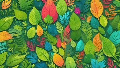 The primary subject of the image is a colorful and vibrant display of leaves, which are the main objects in the scene. The leaves are arranged in a pattern, creating a visually appealing and lively atmosphere. The setting is a green background, which further enhances the natural and fresh appearance of the leaves. The visual style of the image is a combination of digital art and illustration, showcasing the artist's creativity and attention to detail. The dominant colors in the image are green, orange, and yellow,