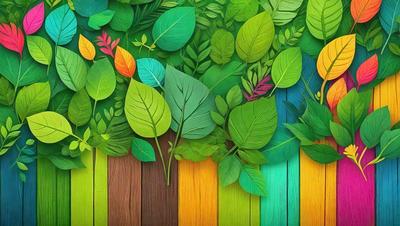 The primary subject of the image is a colorful and vibrant painting of a forest scene. The painting features a variety of green leaves and a few orange leaves, creating a lush and natural atmosphere. The setting is a forest with a colorful background, and the visual style is a painting, which adds a sense of artistic expression and creativity to the scene. The dominant colors in the painting are green and orange, which contribute to the overall mood of the image, making it feel warm, inviting, and full of life