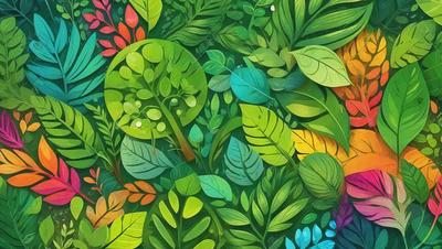 The primary subject of the image is a colorful and vibrant collection of leaves, plants, and flowers. The setting is a lush green forest, with a variety of plants and flowers scattered throughout the scene. The visual style is a combination of digital art and illustration, creating a detailed and realistic representation of the natural environment. The colors and mood of the image are predominantly green, with a hint of yellow, which gives the scene a fresh and lively atmosphere.