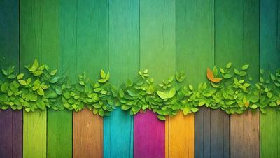 The primary subject of the image is a green plant with leaves, which is growing on a wooden surface. The setting is a colorful wooden wall, and the visual style is a combination of a photo and digital art. The dominant colors are green, pink, blue, and yellow, creating a lively and vibrant atmosphere.
