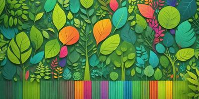 The primary subject of the image is a colorful, hand-drawn illustration of a forest with trees and leaves. The setting is a lush, green environment, and the visual style is a combination of digital art and illustration. The colors and mood of the image are vibrant and lively, with a focus on the natural elements of the forest.