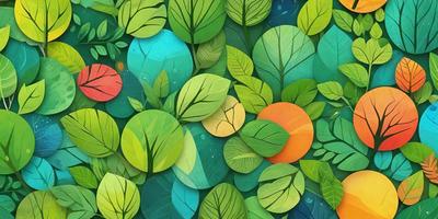 The primary subject of the image is a colorful and vibrant display of leaves and fruits. The setting is a lush green forest, with a variety of leaves and fruits scattered throughout the scene. The visual style is a combination of digital art and illustration, creating a dynamic and engaging image. The colors and mood are predominantly green, with a hint of orange, which adds a sense of freshness and vitality to the scene.