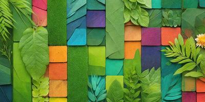 The primary subject of the image is a collage of various green leaves, which are the main objects in the scene. The leaves are arranged in a visually appealing manner, creating a sense of harmony and balance. The setting is a colorful background, which adds to the overall atmosphere of the image. The visual style of the image is a combination of photo and digital art, as it features a blend of realistic and artistic elements. The dominant colors in the image are green, which is the color of the leaves, and