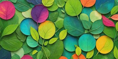 The primary subject of the image is a colorful, vibrant display of leaves. The leaves are arranged in a visually appealing manner, creating a lively and dynamic scene. The setting is a green background, which provides a natural and fresh atmosphere. The visual style of the image is a combination of photo and digital art, resulting in a high-quality and detailed representation of the leaves. The colors and mood of the image are predominantly green, with some orange and blue accents, giving the scene a fresh and inv
