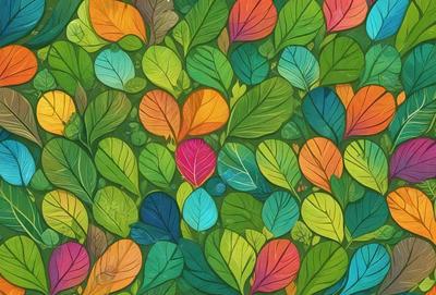 The primary subject of the image is a colorful and vibrant painting of leaves. The setting is a green background, and the visual style is a digital art or illustration. The painting features a variety of colors, including orange, blue, green, and yellow, creating a lively and cheerful atmosphere.