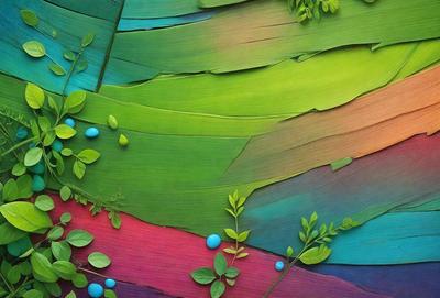 The primary subject of the image is a close-up of a leaf with blue dots on it. The leaf is green and appears to be a part of a larger plant. The setting is a colorful, artistic background that includes a variety of colors, such as red, green, blue, and yellow. The visual style of the image is a combination of photo and digital art, creating a unique and vibrant appearance. The overall atmosphere of the image is lively and engaging, with the blue dots on the green leaf